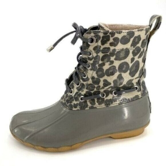 SPERRY Top-Sider Saltwater Grey Leopard Preppy Classic Duck 7.5 Rubber Rain Boot - Picture 1 of 9